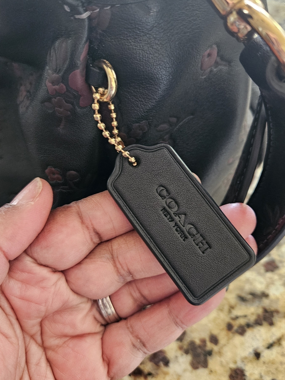 Coach Black Leather Shoulder Bag (Large) with Floral Embossing and Gold Chain - Picture 4 of 10